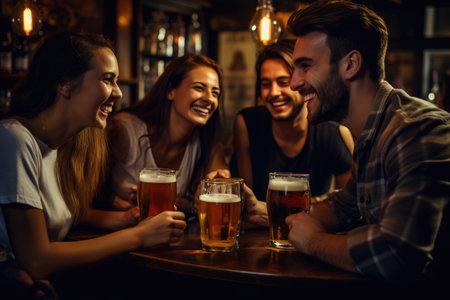A diverse group of friends sitting together at a table, enjoying beers and engaging in lively conversations, Group of cheerful friends with beers at the bar, AI Generatedの素材