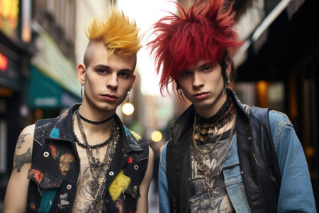 Two men with bold punk hairstyles standing side by side, showcasing their unique personal style, A punk rock concert with eccentric clothing styles, AI Generatedの素材