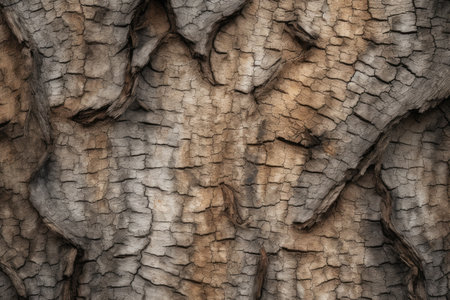 This image showcases a detailed and up-close view of the bark on a tree, highlighting the texture and intricate patterns found in nature., A rough texture of a tree's bark, AI Generatedの素材