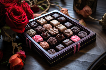 An inviting box of assorted chocolates sits beautifully on top of a table, ready to be savored, Gourmet chocolates in a fancy box, AI Generatedの素材