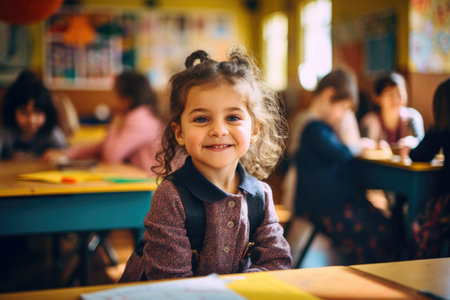 A young girl sitting attentively at a table in a classroom, focusing on her work, student in a kindergarten classroom, AI Generatedの素材
