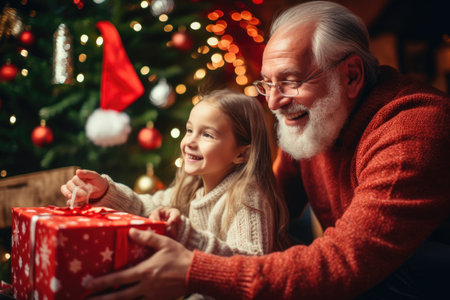 Older Man and Young Girl Open Christmas Present Together in Heartwarming Moment, Grandfather with excited girl granddaughter unpacking Christmas gift box near decorated xmas tree, AI Generatedの素材