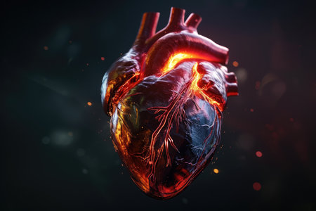 A single heart-shaped object shining brightly amidst the darkness, surrounded by intense bursts of colorful lights, 3D visualization of a heart, AI Generatedの素材