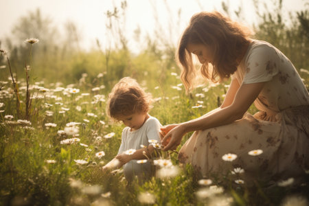 A woman and a child are depicted standing together amidst a profusion of vibrant flowers, A mother and child picking flowers in a field, AI Generatedの素材