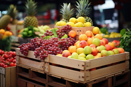 An assortment of various types of fresh fruit arranged and packed in a wooden crate, available for purchase, fresh fruits on crates on shop market, AI Generatedの素材