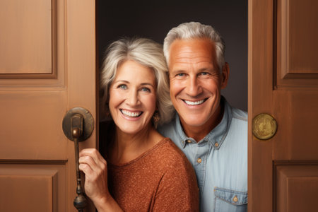 A man and a woman standing together in front of a closed door, Happy senior couple holding opened door looking at camera indoor, AI Generatedの素材