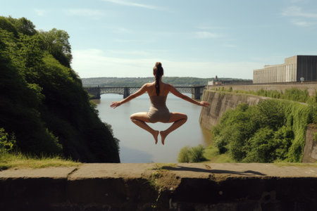 Woman Jumping Off Cliff Into River, Thrilling Leap Into a Refreshing Adventure, Woman doing yoga in Child position on edge of embankment, AI Generatedの素材