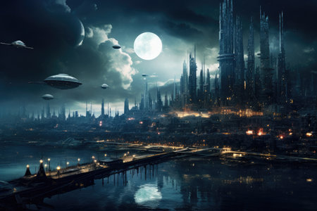A mesmerizing futuristic cityscape at night, showcasing a plethora of dazzling lights in a single striking image, Futuristic panorama of a matrix-like cityscape, AI Generatedの素材