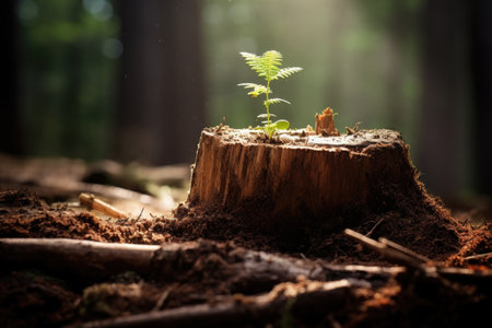 A photo showcasing a small tree stump with a thriving plant emerging from it, Young tree emerging from old tree stump, AI Generatedの素材
