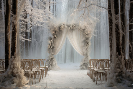 Experience the enchantment of a snowy wedding ceremony in the serene woods, as this couple celebrates their love in a winter wonderland, Ethereal winter wedding in a snow-covered forest, AI Generatedの素材