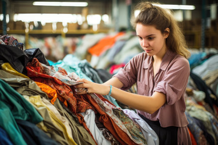 A woman carefully studies the clothing options available in a retail store, teen shopping for fabric at the recycle centre, AI Generatedの素材