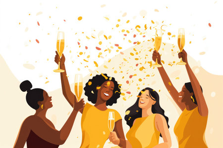 A group of women raising their champagne flutes in celebration, Woman toasting with celebration champagne at event or party with friends, AI Generatedの素材