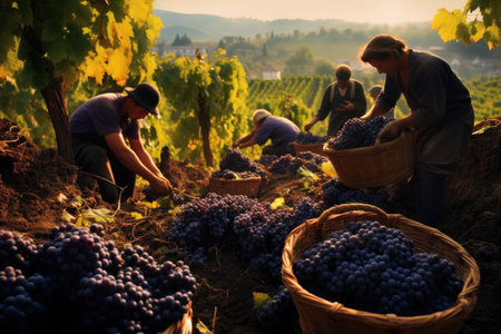 A group of people diligently picking ripe grapes in a beautiful vineyard, Workers harvesting grapes, a bounty of nature's finest, AI Generatedの素材
