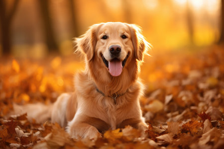 A content golden retriever enjoys a peaceful moment as it relaxes in a pile of autumn leaves, Happy golden retriever dog on Autumn nature background, AI Generatedの素材