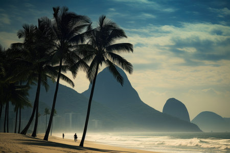 Tropical beach with palm trees and sand in Rio de Janeiro, Brazil, Palms and Two Brothers Mountain on Ipanema beach, Rio de Janeiro, AI Generatedの素材