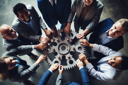 Teamwork and cooperation concept. Top view of group of businesspeople holding cogwheels on gray background, Panoramic top-view shot of business people holding a cogwheel as a symbol, AI Generatedの素材