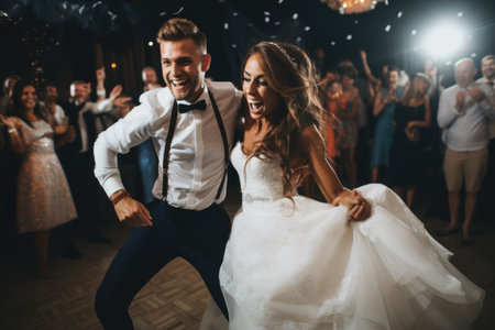 A photo capturing a joyous moment as the bride and groom dance together on their wedding day, The bride and groom are dancing at the wedding, AI Generatedの素材