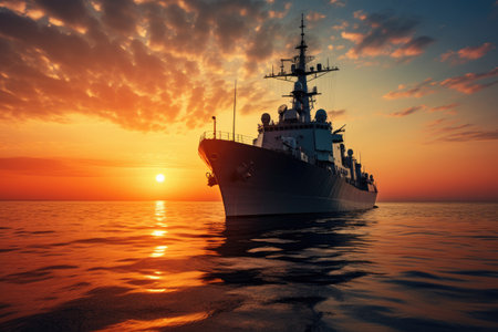 A massive ship floats effortlessly on the calm surface of the water, Sunset over a navy ship on the open sea, AI Generatedの素材