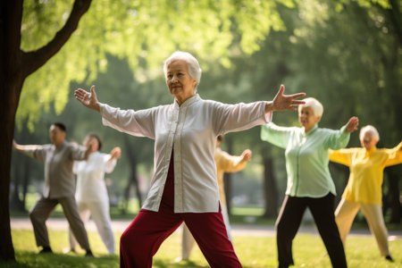 A diverse group of senior citizens engaged in a yoga session amidst natures serenity, Group of seniors doing Tai Chi in the park, AI Generatedの素材