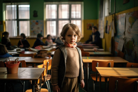 A young girl stands amidst a sea of desks in a spacious classroom, student in a kindergarten classroom, AI Generatedの素材