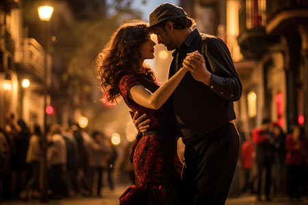 An energetic man and happy woman are dancing passionately together in the middle of a lively street, Two people sharing a passionate tango on the streets of Buenos Aires, AI Generatedの素材