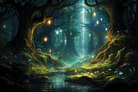 Fantasy landscape with magical forest and river. 3D illustration, An enchanted forest filled with glowing, magical creatures, AI Generatedの素材