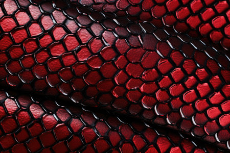 A detailed close-up of the intricate and colorful pattern of a red snakes scaly skin texture, Red and black exotic snake skin pattern, AI Generatedの素材