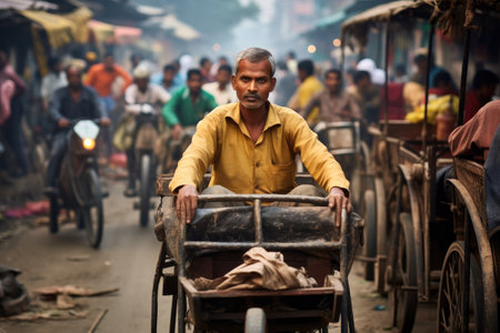 A man rides a cart down a bustling street filled with people and vehicles, Rickshaw puller going through the busy streets of Calcutta, AI Generatedの素材