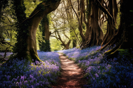 A mesmerizing path winds its way through a lush forest brimming with vibrant purple flowers, An enchanting woodland with a carpet of bluebells, AI Generatedの素材