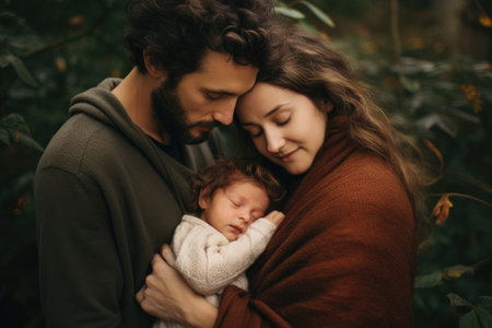 A peaceful and heartwarming scene of a man and woman joyfully holding their baby amidst the beauty of a forest, An adoptive family embracing their new child, AI Generatedの素材