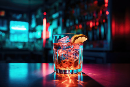 A close-up photograph showcasing a refreshing beverage placed on a table, ready to quench your thirst, Welcome drink in a night club, AI Generatedの素材