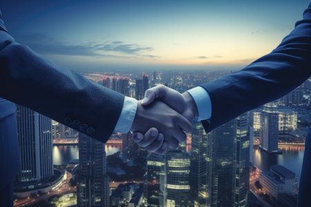 Two individuals seal a deal with a handshake against the backdrop of a vibrant cityscape, Business people shaking hands against a cityscape, AI Generatedの素材