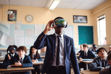 A professional man in a suit and tie engages with virtual reality technology using a headset, A virtual reality classroom session, AI Generatedの素材