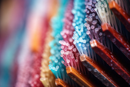 A close-up image displaying a diverse assortment of colorful toothbrushes for daily dental hygiene routine, The tiny bristled texture of a toothbrush, AI Generatedの素材