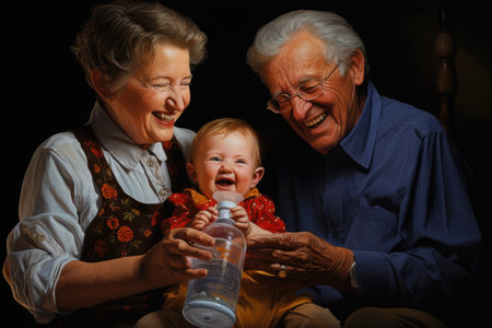 This touching image captures a man and woman holding their adorable baby and a bottle in a tender embrace, Smiling grandparents bottle feeding their baby grandchild, AI Generatedの素材