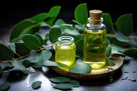 Eucalyptus essential oil in a small bottle on a wooden surface, Spa concept with eucalyptus oil and eucalyptus leaf extract natural/organic spa cosmetic products, AI Generatedの素材