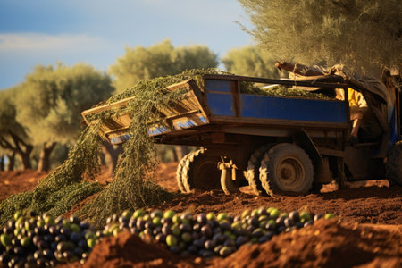 A heavy-duty truck filled to the brim with plump olives, ready to be transported to their next destination, Organic olives being harvested in the Mediterranean scenery, AI Generatedの素材