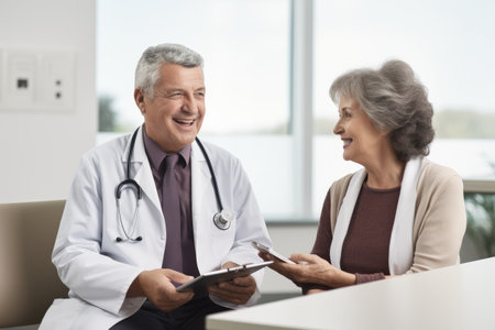 A doctor is having a conversation with a patient in a medical office, Smiling male doctor with clipboard talking with senior female patient in doctor, AI Generatedの素材
