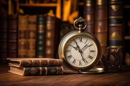 A classic wooden table displays a clock alongside a book, creating a serene and timeless atmosphere, Vintage clock hanging on a chain against the background of old books, AI Generatedの素材