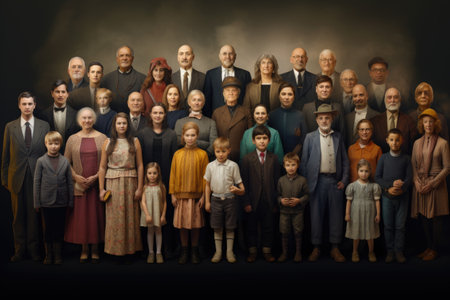 A diverse gathering of individuals standing together in a large crowd, Portraits of people of many generations as a panorama, AI Generatedの素材