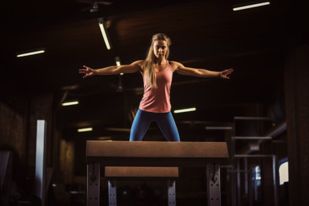 Young woman doing gymnastics in a gym, she is standing on a bar, Female athlete doing a complicated exciting trick on gymnastics balance beam in a professional gym, AI Generatedの素材