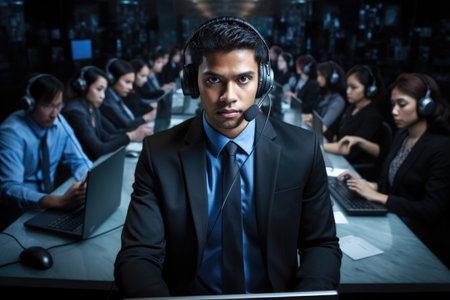 A man in a suit and headphones sits in front of multiple laptops, deep in focused work., Multi-ethnic customer service executive working, AI Generatedの素材