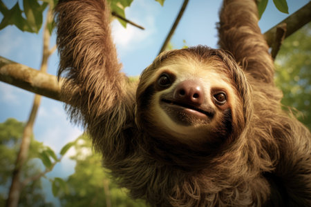 A sloth effortlessly hangs upside down from a tree branch, exemplifying its characteristic leisurely and laid-back lifestyle., A sloth hanging upside down from a tree branch, AI Generatedの素材