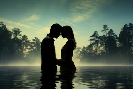 A man and a woman stand in water while trees serve as a picturesque backdrop, Mirror image of a couple kissing reflected in a serene lake, AI Generatedの素材