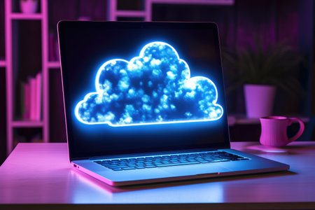 Experience the magic of a glowing cloud on your laptop screen, bringing a touch of enchantment to your digital world., neon light showing cloud computing on tablet computer., AI Generatedの素材
