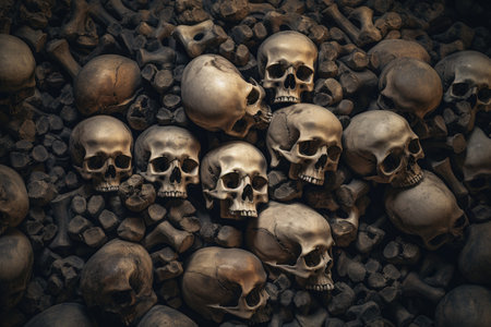 A close-up image showcasing a pile of skulls sitting tightly next to each other., Pile of human skulls and bones, AI Generatedの素材