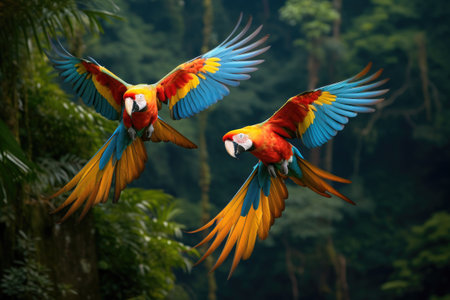 Two vibrant parrots soar gracefully in the sky, A pair of tropical macaws flying over the Amazon rainforest, AI Generatedの素材