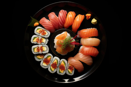 Take delight in the exquisite taste of fresh sushi as it is showcased on a sleek black plate, Sushi set arranged on a black plate against a black background, viewed from the top, AI Generatedの素材