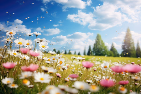 A captivating view of a field filled with daisies against a backdrop of a clear blue sky, Meadow with lots of white and pink spring daisy flowers and yellow dandelions in sunny day, AI Generatedの素材