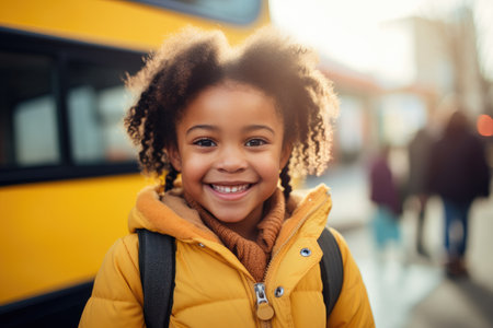 A little girl stands confidently in front of a bright yellow bus, ready for her day of adventure, Smiling elementary student girl smiling and ready to board school bus, AI Generatedの素材